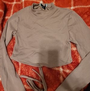 Mockneck, long sleeve, lace up, light brown, Bershka crop top.